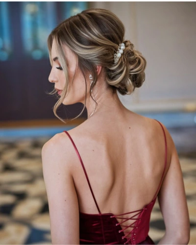 elegant hairstyles with spaghetti strap dress