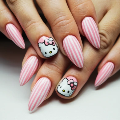 Stripped hello kitty nails
