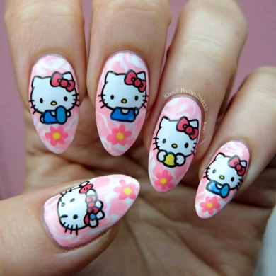 floral hello kitty nails
