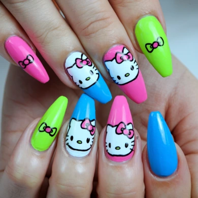 colorful hello kitty nails