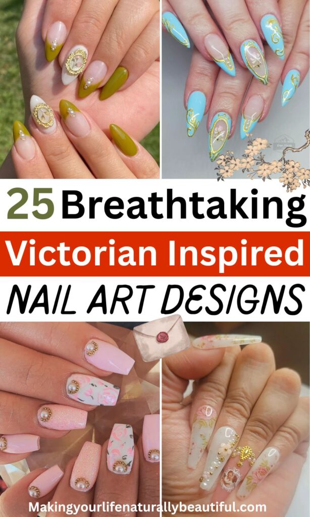 Victorian era inspired nail art designs.