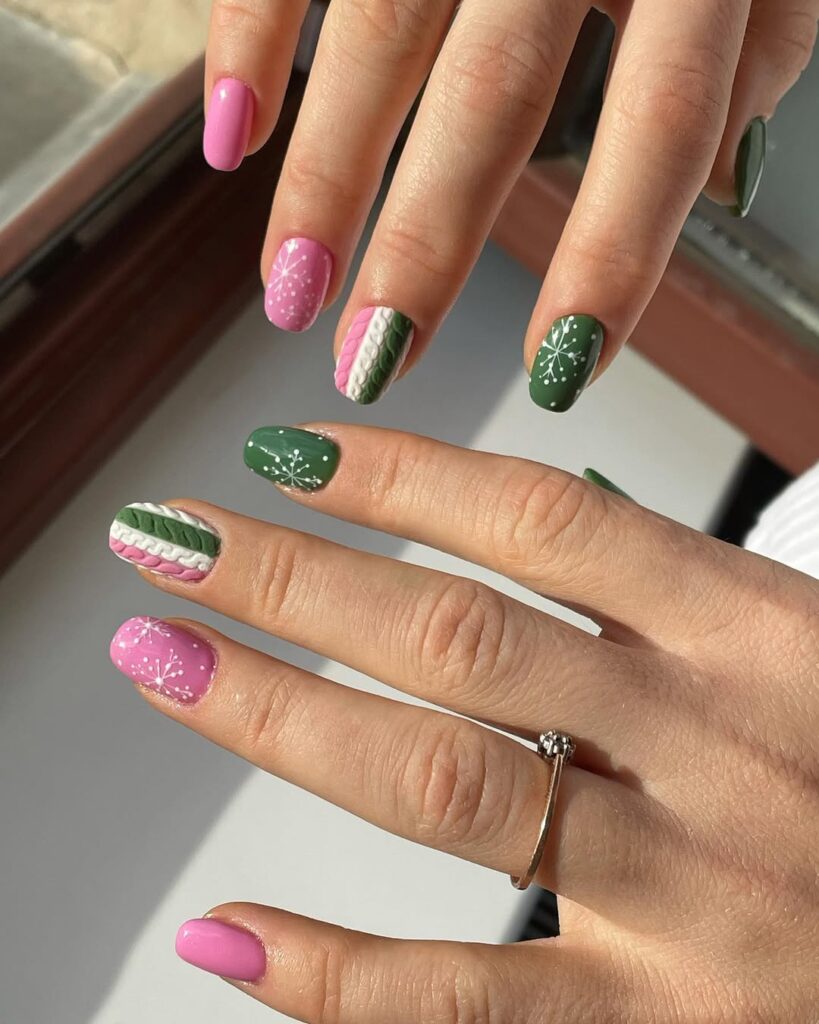 Pink and green winter nails.