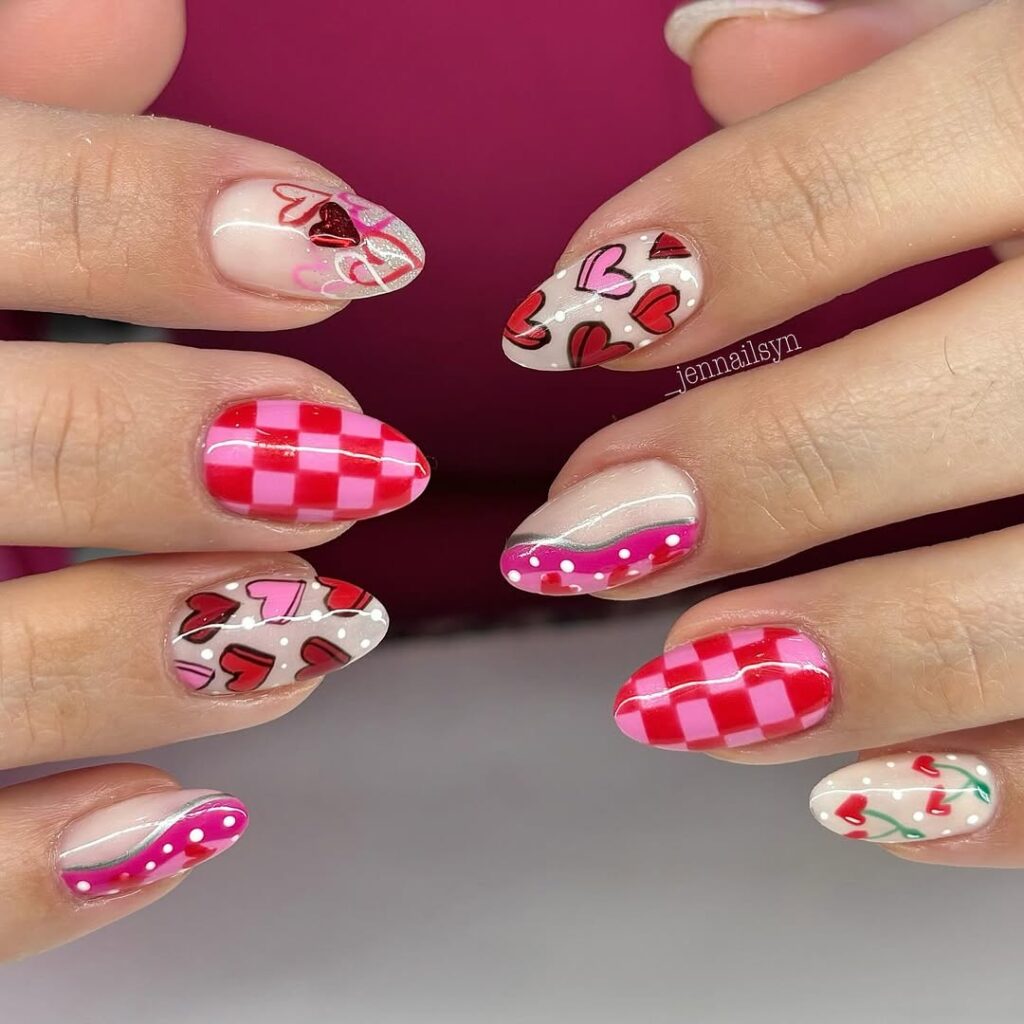 mix and match valentine nails.