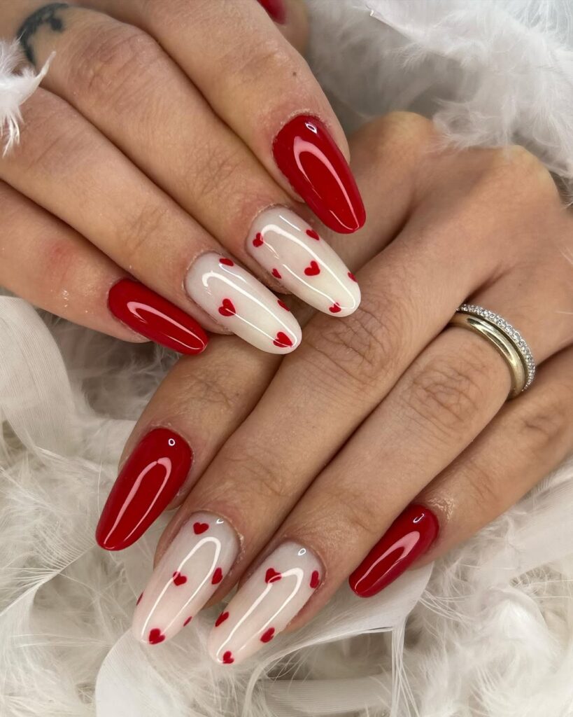 red and white valentine nails.