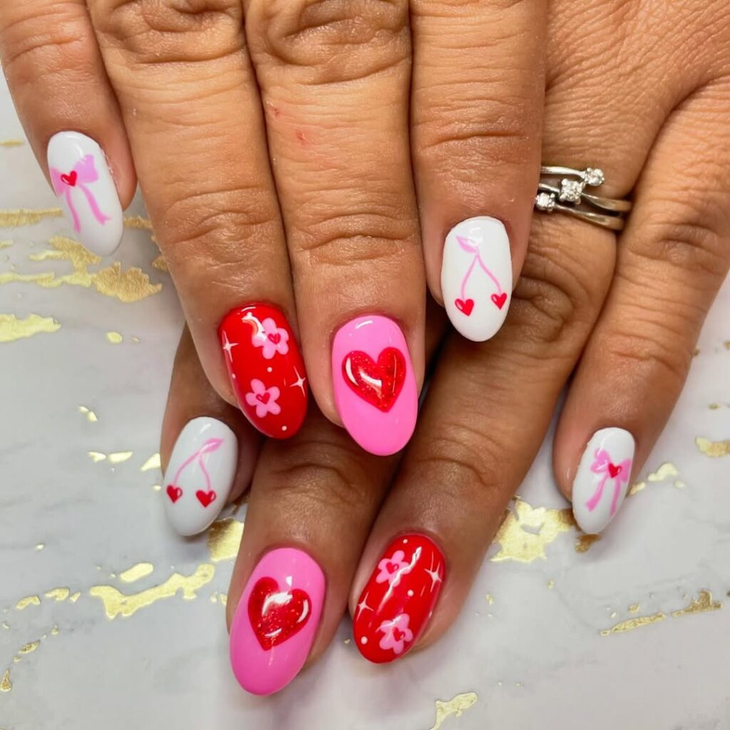 red pink valentine nails
