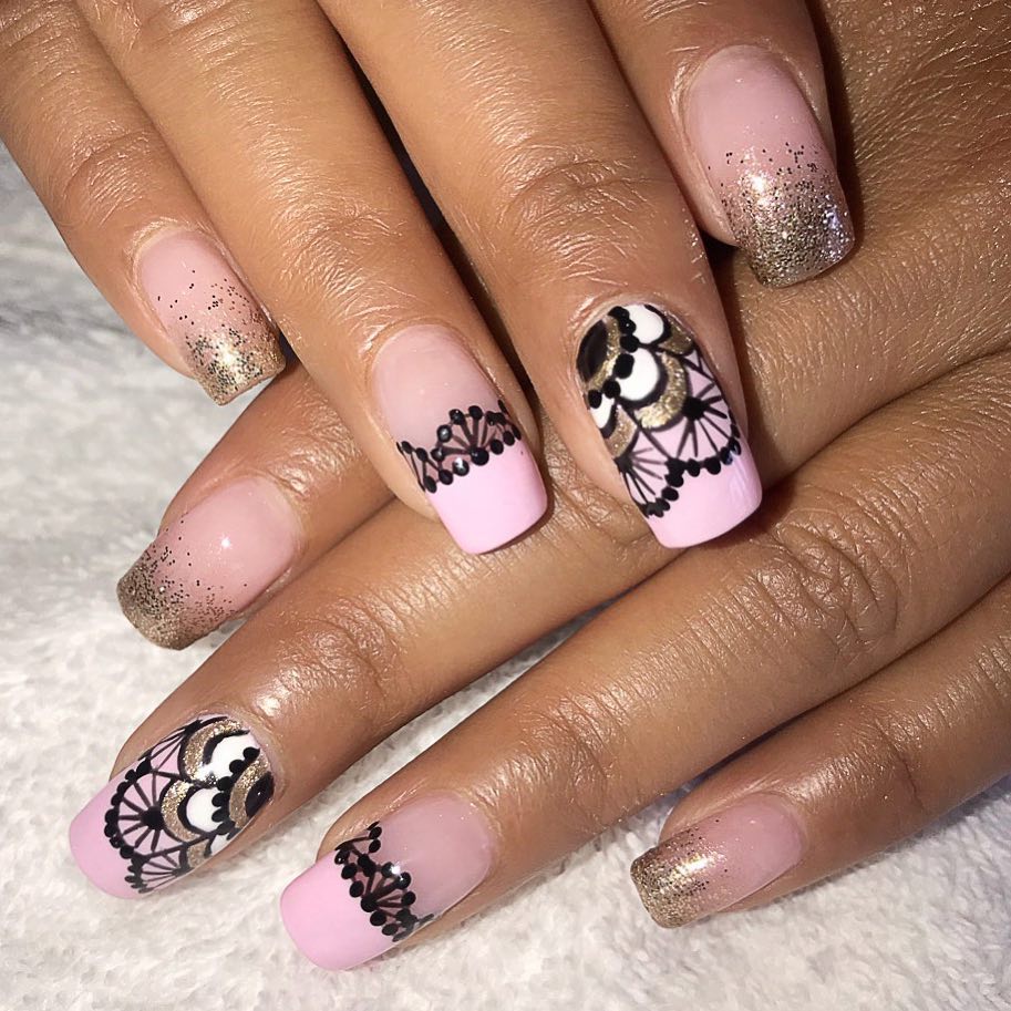 Baby pink lace nails.