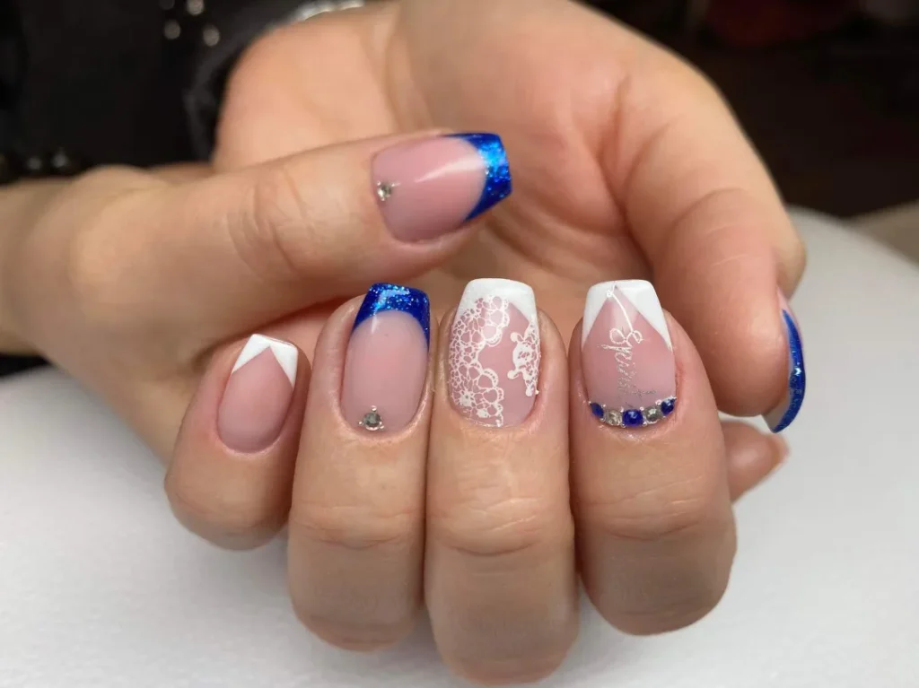Blue white lace nails