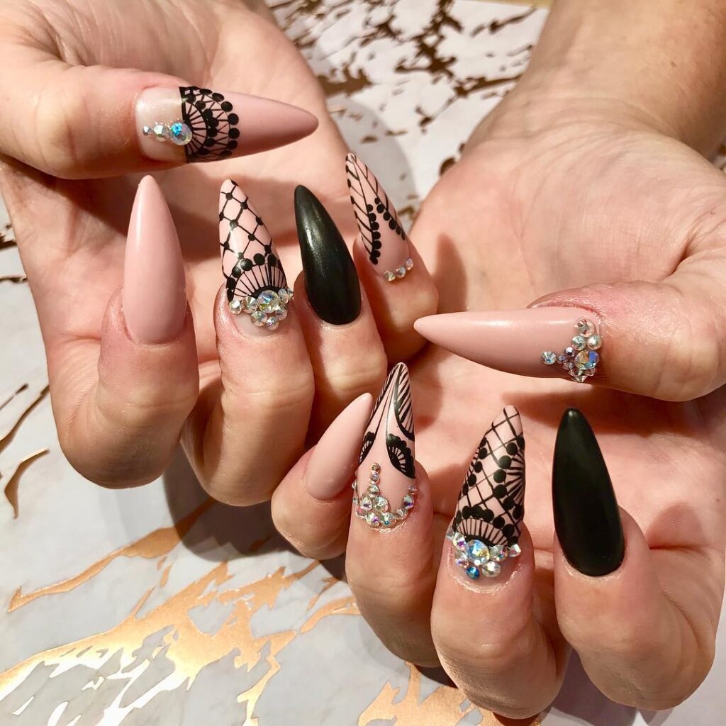 nude pink and black lace nails