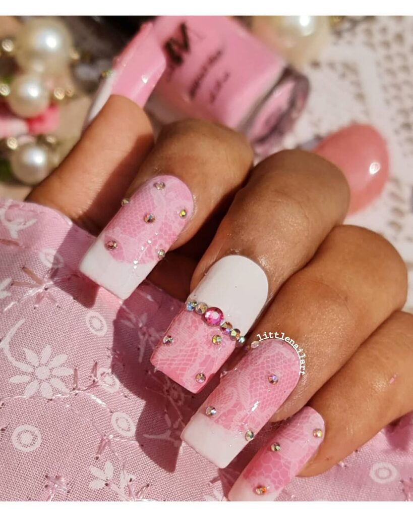 pink white lacy nails
