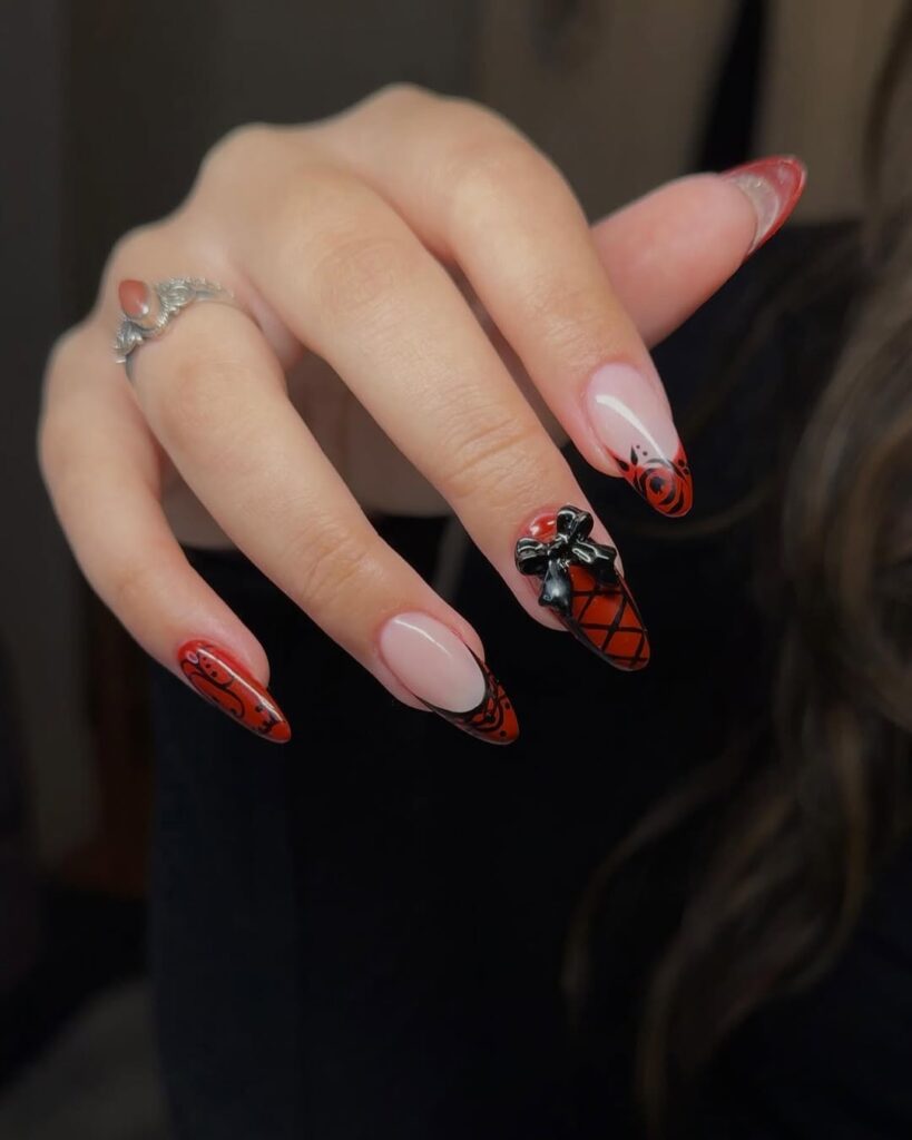 Red and black lacy nails.