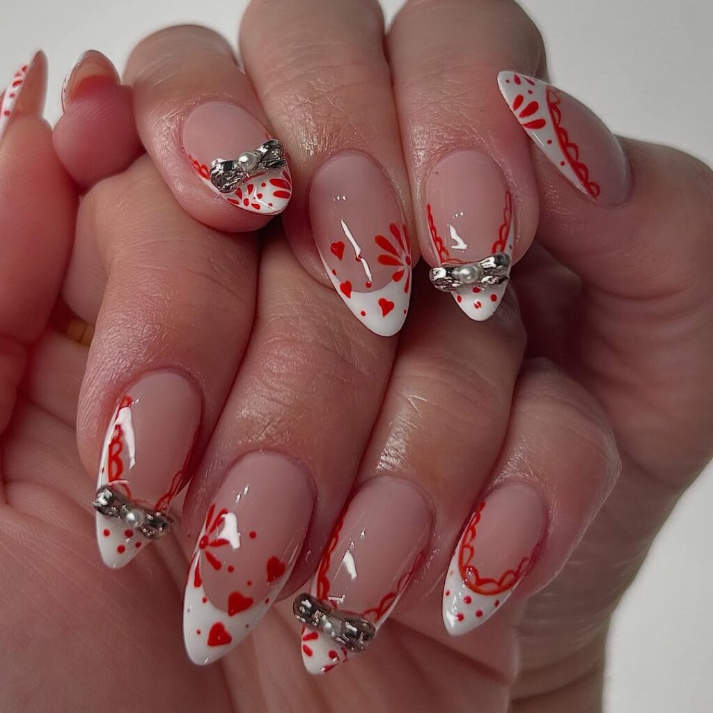 Red and white lace nails.